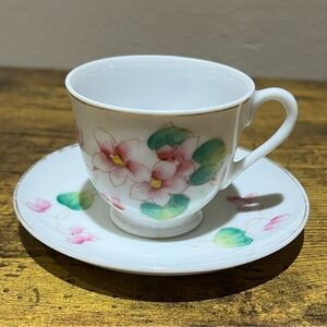 Floral Pink Flowers & Green Leaves Teacup & Saucer
